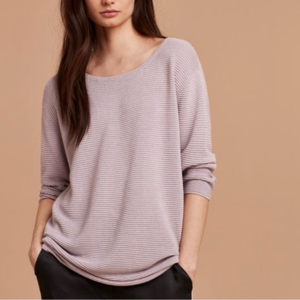 Lilac Wilfred Blanchard Sweater Linen Ribbed 3/4 Sleeve Crew Neck Sweater